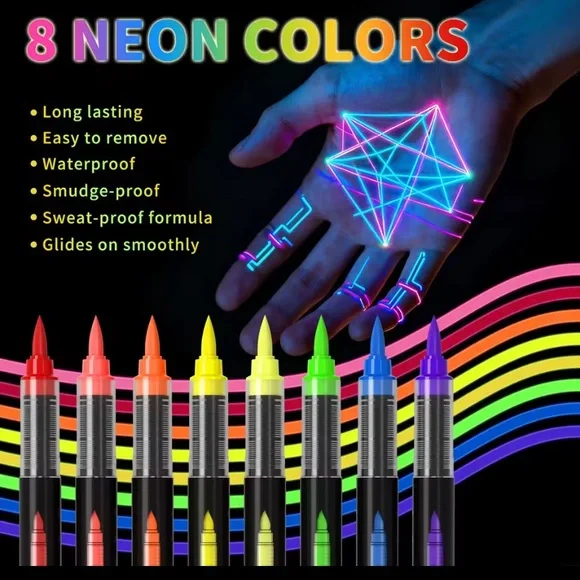 UV Face & Body Paint Neon Marker Set - 8 Fluorescent Colors | Go wild with color - Picture 5 of 9